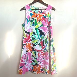 Cynthia Rowley Mosaic Floral Linen Dress Pockets Keyhole back sz S  NWT
